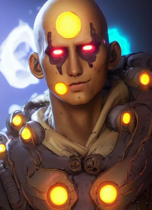 Image similar to glowwave portrait of saitama from borderlands 3, au naturel, hyper detailed, digital art, trending in artstation, cinematic lighting, studio quality, smooth render, unreal engine 5 rendered, octane rendered, art style by klimt and nixeu and ian sprigger and wlop and krenz cushart.