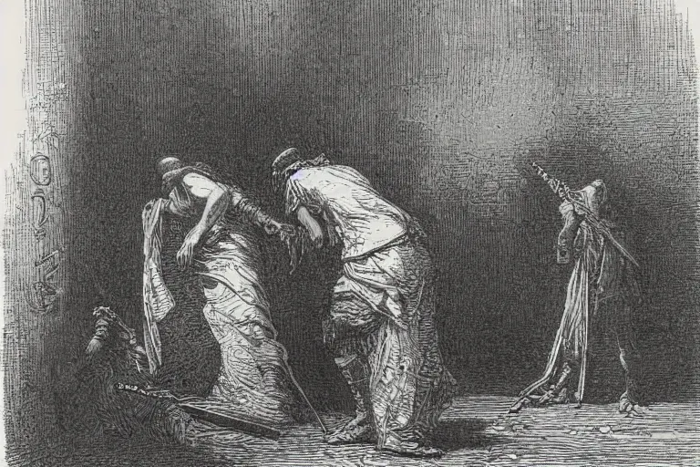 Image similar to taking knife rips, Gustave Dore lithography