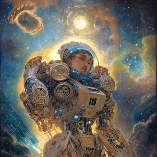 Prompt: highly detailed portrait of an humanoid robotic nebula cloud mecha, painting by gaston bussiere, craig mullins, j. c. leyendecker, lights, art by ernst haeckel, john william godward, hammershøi,