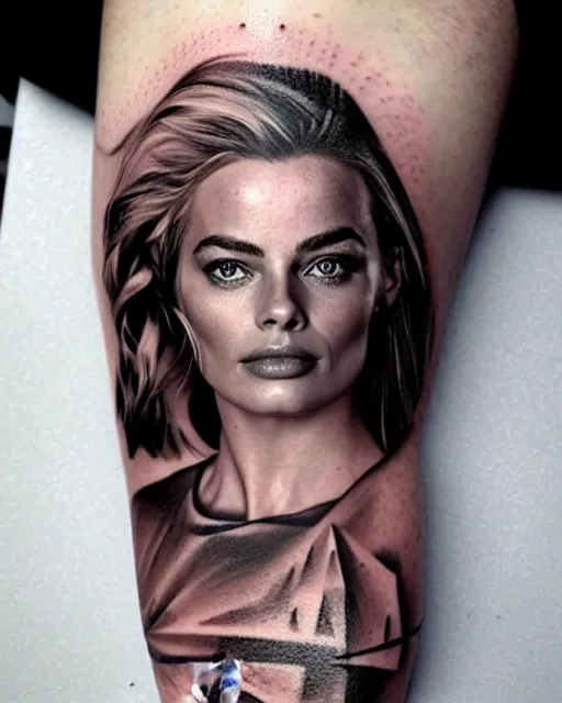 Image similar to creative double exposure effect tattoo design sketch of margot robbie face blended with beautiful mountain scenery, realism tattoo, in the style of matteo pasqualin, amazing detail, sharp