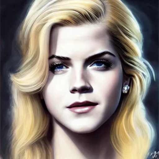 Image similar to A combination of Katheryn Winnick's and Grace Kelly's and Emma Watson's appearance with blonde hair as Solid Snake from Metal Gear Solid, full body portrait, western, D&D, fantasy, intricate, elegant, highly detailed, digital painting, artstation, concept art, matte, sharp focus, illustration, art by Artgerm and Greg Rutkowski and Alphonse Mucha