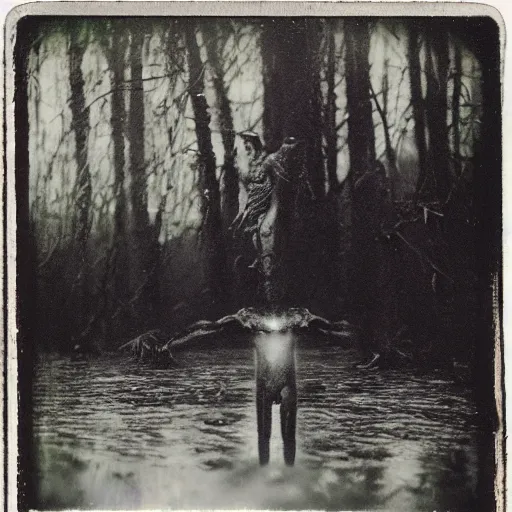 Prompt: creepy lovecraftian monster in swamp, 1 9 1 0 polaroid photo