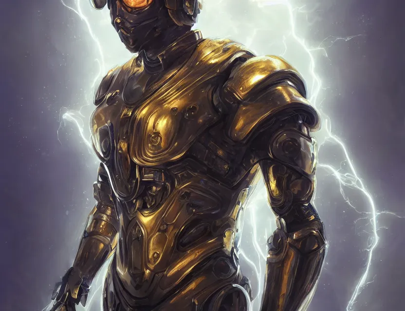 Image similar to portrait of handsome guy in cyber armor, dreamy and ethereal, expressive pose, gold eyes, exciting expression, fantasy, intricate, elegant, many lightning, cold color, highly detailed, digital painting, artstation, concept art, cyberpunk wearing, smooth, sharp focus, led, artstation character reference sheet.