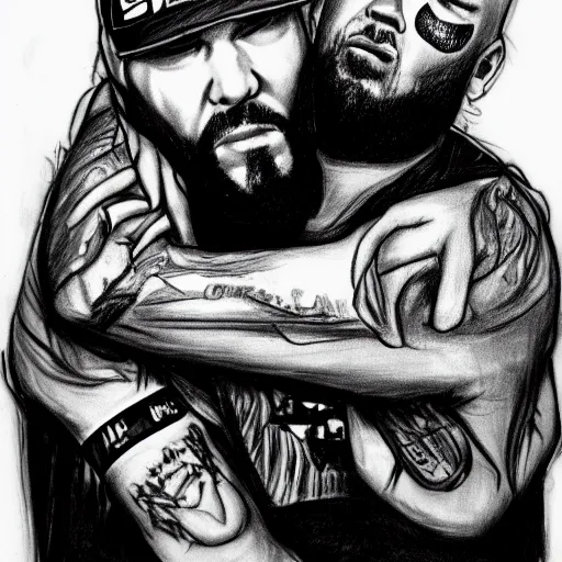 Image similar to drawing of static x singer dwayne static hugging fred durst singer of limp bizkit, drawing, sketch, realism,