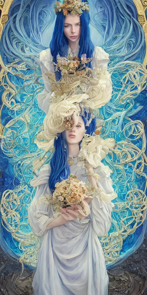 Image similar to breathtaking detailed painting by pilyeon and teffish on artstation, a full shot queen with long flowing bright blue hair, gauze dress and pastel flowers petals and golden tumultuous clouds, symmetrical facial features, at dawn in front of a pristine golden art nouveau cathedral, elegant, highly detailed, artstation, concept art, matte, sharp focus,