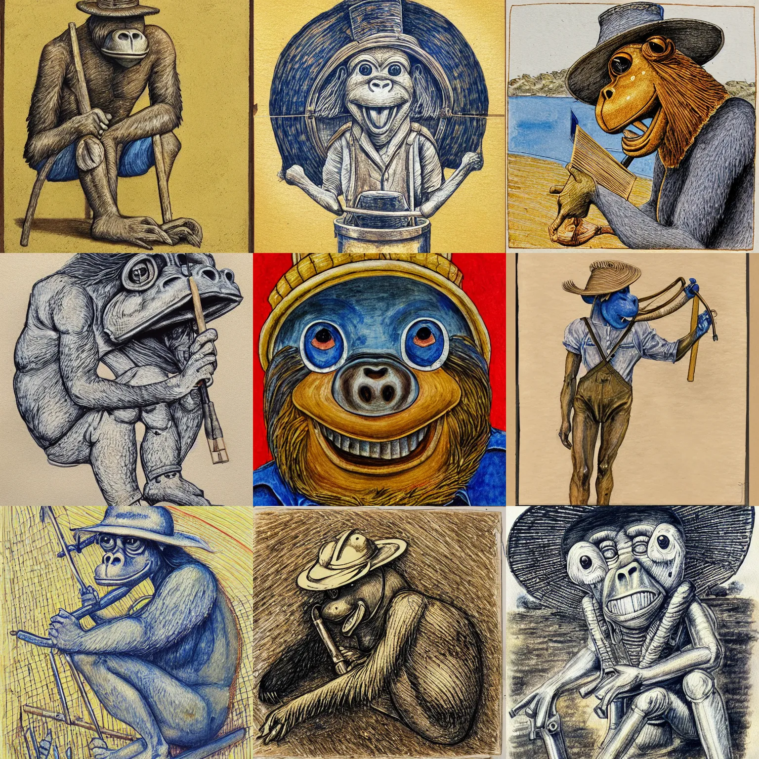 Prompt: horse - headed humanoid frog - ape mechanic, wearing a straw hat and overalls, using a spanner, golden hour, bucolic, expressive linework, crosshatching, grisaille, cobalt blue and ochre watercolor wash