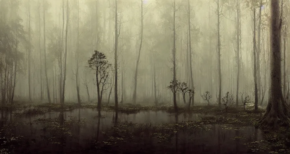 Prompt: A dense and dark enchanted forest with a swamp, by JAKUB ROZALSKI