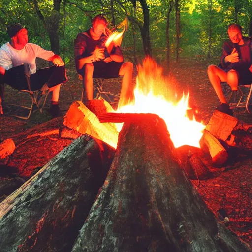 Image similar to 6 people around a campfire, angles in the sky, artistic