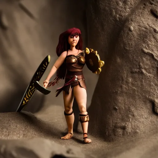 Image similar to a cinematic film still of a claymation stop motion film starring lucy lawless as xena warrior princess, shallow depth of field, 8 0 mm, f 1. 8