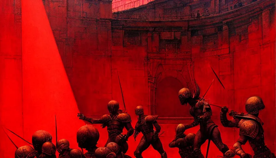 Image similar to only with red, a lightly armored gladiator in a crowded roman amphitheatre, crowd cheering, in the style of beksinski and edward hopper and rodcenko and yue minjun and cory loftis, intricate and epic composition, red by caravaggio, highly detailed, masterpiece, red light, artstation, art nouveau