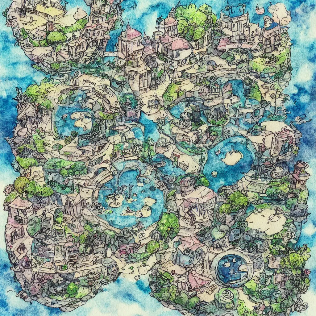 Prompt: tiny world within a world within a world manga style water colour style