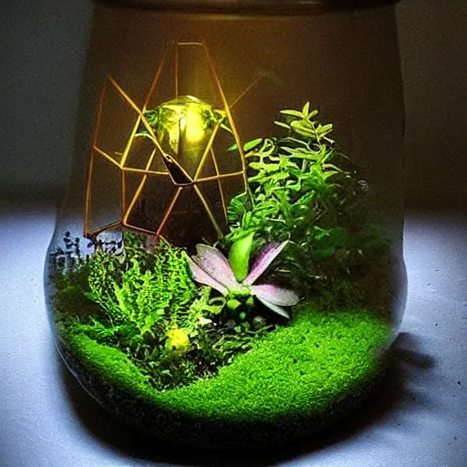 Prompt: glowing terrarium with plants inside digital art scary gothic mysterious