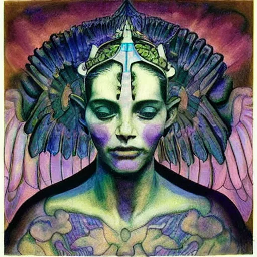 Image similar to the bone crown, the crown of wings, by Annie Swynnerton and Nicholas Roerich and Diego Rivera, bioluminescent skin, tattoos, elaborate costume, geometric ornament, symbolist, cool colors like blue and green and violet, smooth, sharp focus, extremely detailed