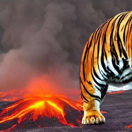 Image similar to A tiger running away from an erupting volcano