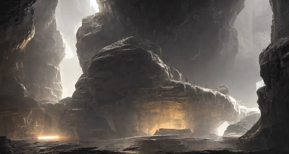 Image similar to futuristic factory in a dark cave, black rocks, dramatic light, intricate, highly detailed, digital painting, volumetric light, artstation, concept art, sharp focus