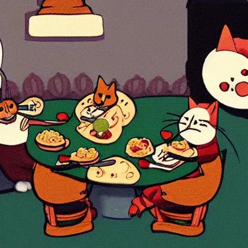 Image similar to cartoon cats having a nice dinner