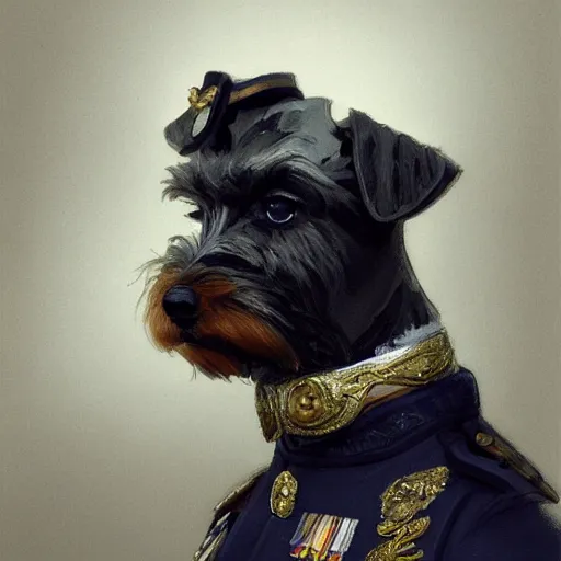 Image similar to portrait of stoic looking miniature schnauzer, military uniform, black fir, white eyebrows, fantasy, intricate, elegant, highly detailed, centered, dark, smokey, digital painting, artstation, concept art, smooth, sharp focus, illustration, art by artgerm and greg rutkowski and alphonse mucha