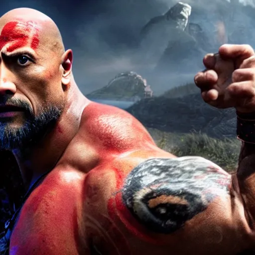 Image similar to Dwayne Johnson as Kratos 4K quality super realistic