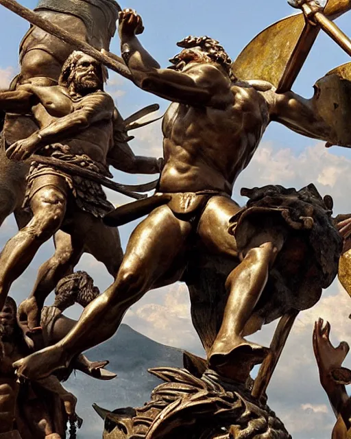 Prompt: jason and his argonauts sail by a gigantic bronze statue of a minotaur, bull man hybrid being holding a spear and shield, atmospheric, mythological