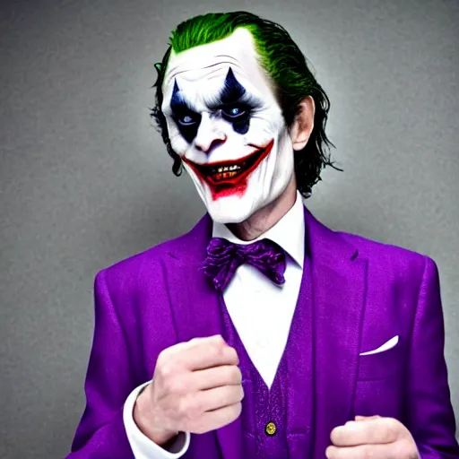 Image similar to william dafoe wearing purple suit and joker makeup cinematic photoshoot high quality highly affordable photo realistic 8 k hd