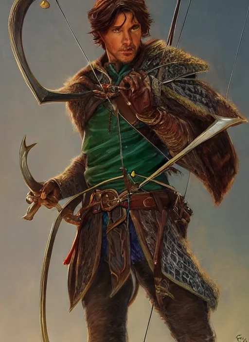 Prompt: bowman archer, robin hood, ultra detailed fantasy, dndbeyond, bright, colourful, realistic, dnd character portrait, full body, pathfinder, pinterest, art by ralph horsley, dnd, rpg, lotr game design fanart by concept art, behance hd, artstation, deviantart, hdr render in unreal engine 5