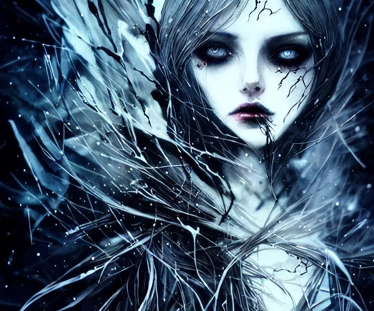 Image similar to stunning otherworldly gothic goddess of ice, dark and mysterious, atmospheric, ominous, eerie, cinematic, epic, 8 k, 4 k, ultra detail, ultra realistic, rendered by awesomeness. nights falling wind is blowwing snow is pilling concept art in style of carne griffiths artwork by xsullo