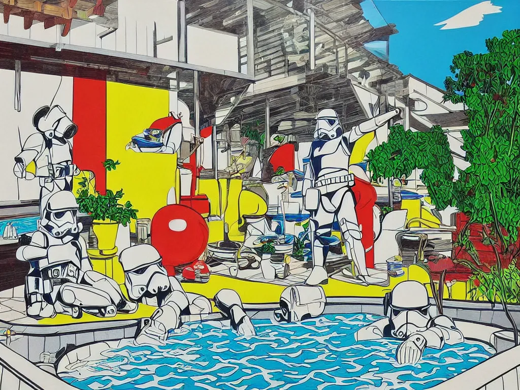 Image similar to hyperrealism composition of the japanese house with a hot springs in the garden, two detailed stormtroopers bathe in a hot spring, pop - art style, jacky tsai style, andy warhol style, roy lichtenstein style, acrylic on canvas