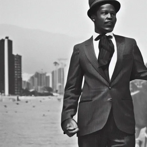 Image similar to vintage photo of a black man wearing a black suit in rio de janeiro