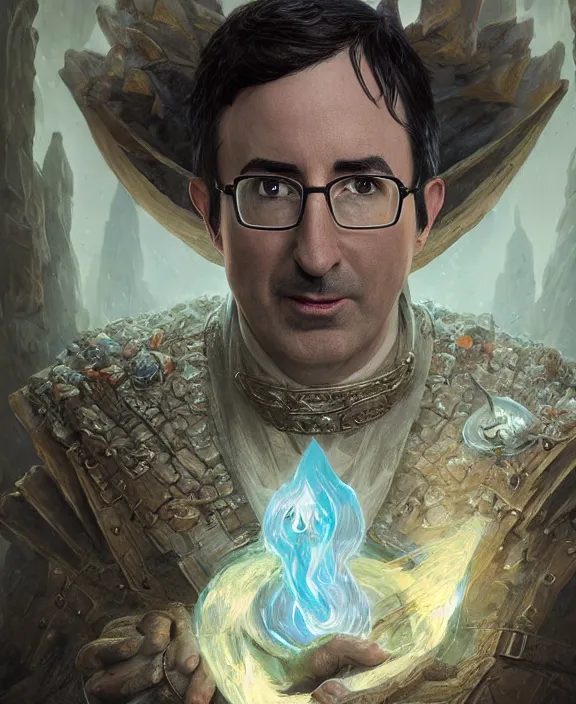 Prompt: full body photograph of john oliver as a mage from dungeons and dragons, fantasy art, symmetrical hyper detailed face and body, cinematic, hyperdetailed illustration by greg rutkowski, depth of field, global illumination