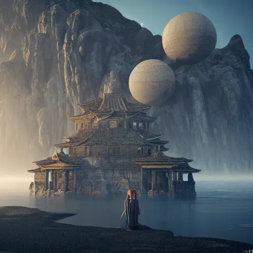 Prompt: high - tech space cult witch looking at floating islands while, foggy of a ancient temple in temple dramatic lighting, epic, octane render, volumetric light, unreal engine, artbreeder, 8 k, background, scene
