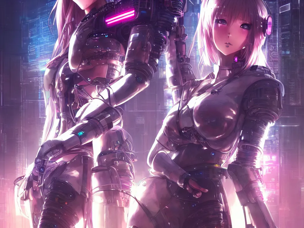 Image similar to anime visual of portrait futuristic cyber warrior girl, in future cyberpunk tokyo rooftop, ssci - fi, fantasy, intricate, very very beautiful, elegant, neon light, highly detailed, digital painting, artstation, concept art, smooth, sharp focus, illustration, art by artgerm and wlop and tian zi and alphonse mucha