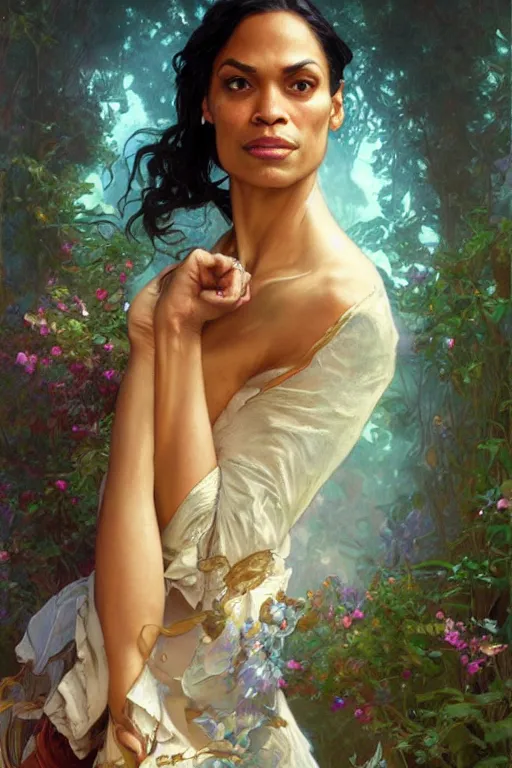 Image similar to Rosario Dawson portrait, fantasy, elegant, intricate, by Stanley Artgerm Lau, greg rutkowski, thomas kindkade, alphonse mucha, loish, norman Rockwell