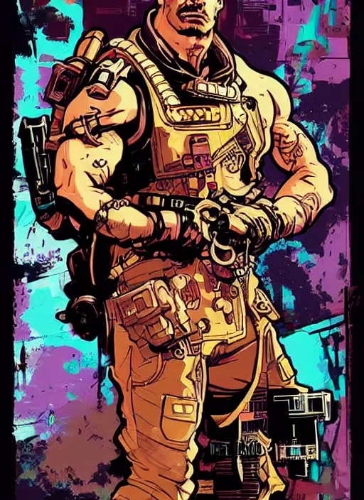 Image similar to buff cyberpunk mercenary. portrait illustration, pop art, splash painting, art by ashley wood, alphonse mucha, laurie greasley and josan gonzales ( apex legends )