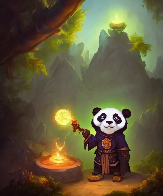 Prompt: a portrait an anthropomorphic panda mage casting a spell, wearing mage robes, landscape in background, cute, dnd character art portrait, world of warcraft style, by peter mohrbacher, cinematic lighting