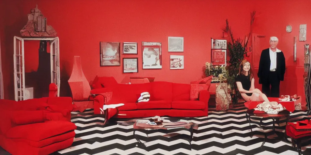 Prompt: love island in the red room, twin peaks. in the style of david lynch, black and white zig zag floor, strange, weird