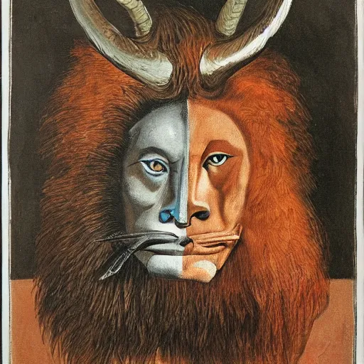 Image similar to human / eagle / lion / ox hybrid with two horns, one big beak, mane, human body. drawn by francis bacon