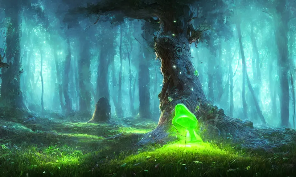 Image similar to bioluminescent mushroom forest, digital art, concept art, fantasy art, highly detailed, hd wallpaper, artstation, deviantart, behance