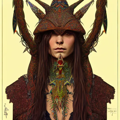 Image similar to a portrait of a lizard shaman, upper half portrait, decorated with russian motifs, russian shaman, siberia, traditional russia, intricate, elegant, highly detailed, symmetry, headpiece, digital painting, artstation concept art smooth sharp focus, illustration, art by artgerm and greg rutkowski alphonse mucha 8 k