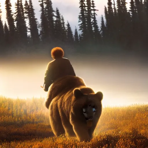 Image similar to a photo of bob ross riding on the back of brown bear in alaska at fall season, outdoor lighting, realistic, photo, national geographic photo, volumetric, fog