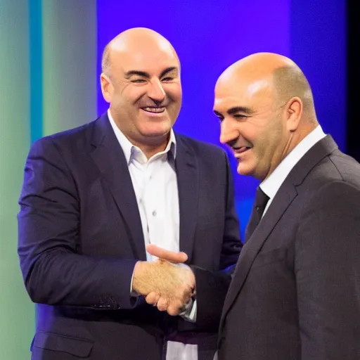 Prompt: Kevin O'Leary happy, shaking hands, in Shark Tank (2016)