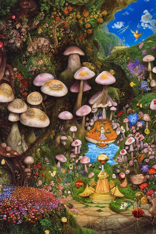 Prompt: a magical realism alice in wonderland with mushrooms and flowers by jacek yerka and salvador dali, detailed matte painting, 8 k resolution