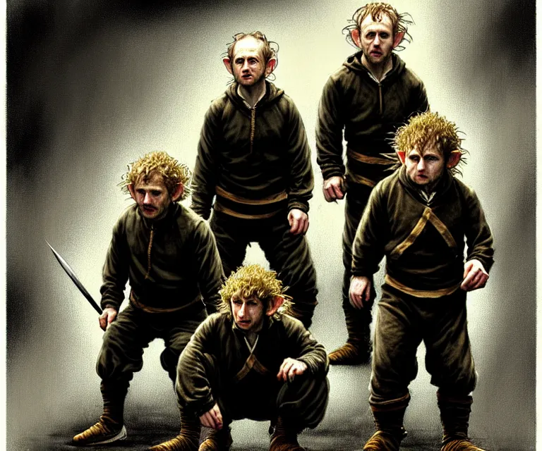 Image similar to dominic monaghan and billy boyd as hobbits squatting slavs in black adidas track suits with white stripes down the leg, caricature, highly detailed, digital painting, artstation, concept art, sharp focus, cinematic lighting, illustration, art by met mangindaan, artgerm and greg rutkowski, alphonse mucha, cgsociety