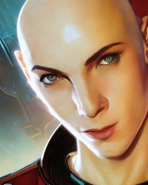 Image similar to a bald serbian!!! young woman as a star trek captain, a still from star trek painted by artgerm and greg rutkowski and alphonse mucha. clear highly detailed face, beautiful sci fi art