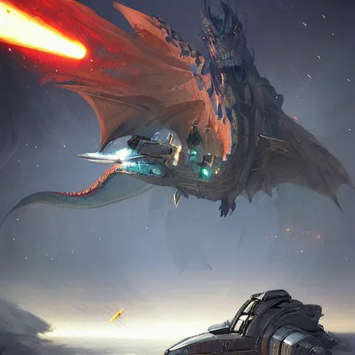 Image similar to a dragon is wrecking a spaceship, artstation, Digital art, Greg rutkowski