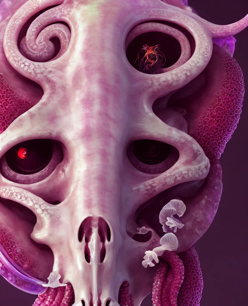 Image similar to goddess princess face close-up portrait ram skull. jellyfish phoenix head, nautilus, orchid, skull, betta fish, bioluminiscent creatures, intricate artwork by Tooth Wu and wlop and beeple. octane render, trending on artstation, greg rutkowski very coherent symmetrical artwork. cinematic, hyper realism, high detail, octane render, 8k