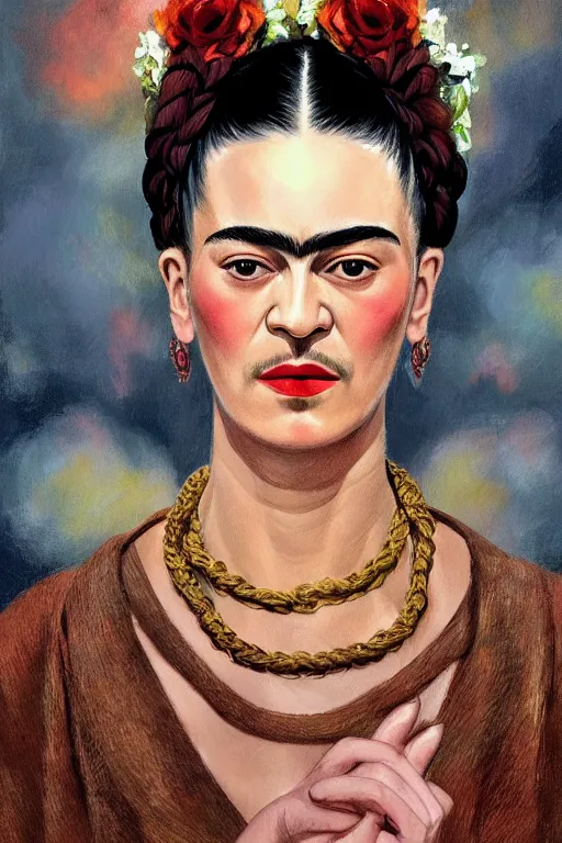 Prompt: portrait of frida kahlo wearing high fashion, staring directly into camera, intricate, elegant, glowing lights, highly detailed, digital painting, artstation, sharp focus, illustration, art by wlop, mars ravelo and greg rutkowski