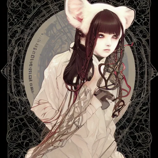 Image similar to detailed portrait girl of kimono techwear occultist with white fox ears, concept art, intricate complexity, by shigenori soejima, krenz cushart, alphonse mucha, takato yamamoto, rule of thirds, 4 k, beautiful, cinematic dramatic atmosphere