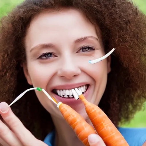 Image similar to woman with carrots instead of teeth, toothbrush advertisement