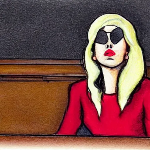 Image similar to courtroom sketch of lady gaga in the witness stand pointing at the hamburgler