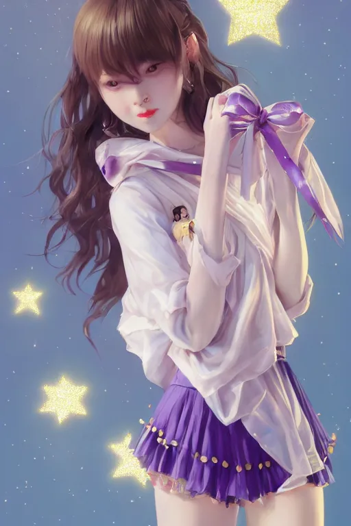 Prompt: Full View portrait of Eunha from Viviz and gFriend with short hair wearin purple overall shorts, short puffy pants, white tights covered in stars, Golden Ribbon, and a billowy scarf making a cute pose. masterpiece 4k digital illustration by Ruan Jia and Mandy Jurgens and Artgerm and greg rutkowski, award winning, Artstation, art nouveau aesthetic, Alphonse Mucha background, intricate details, realistic, panoramic view, Hyperdetailed, 8k resolution, intricate art nouveau